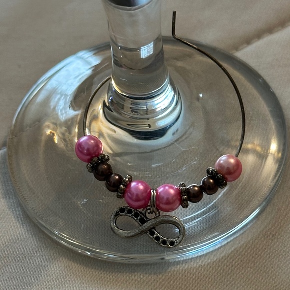 3/$15 Wine glass tag stainless steel hoop, pink & mocha beads infinity charm - Picture 2 of 12